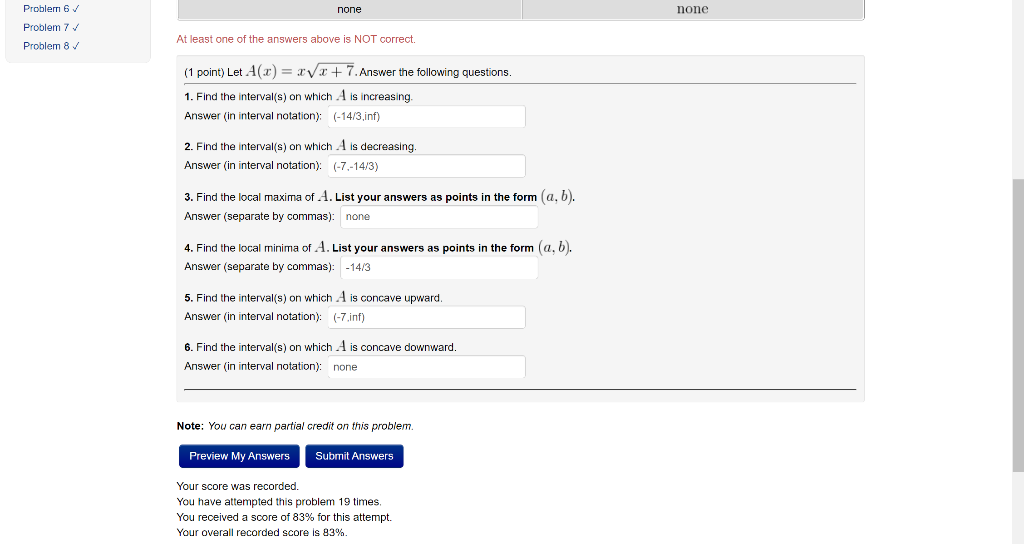 None None Problem 6 Problem 7 Problem 8 At Least One Of The Answers Above Is Not Correct 1 Point Let A 20 Xvx 7 1