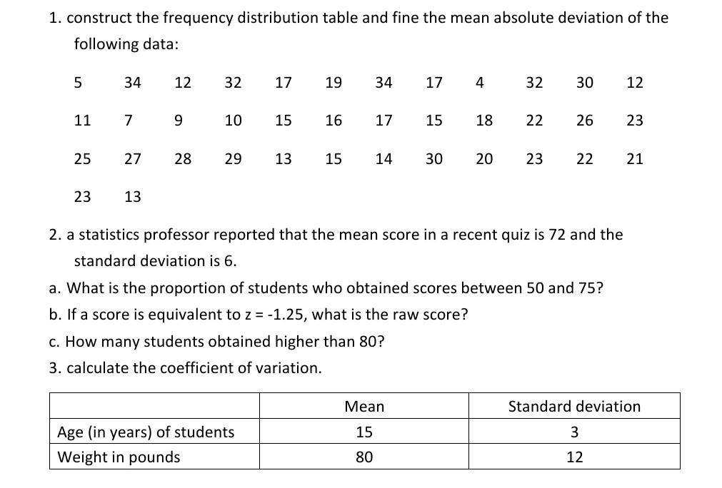 1 Construct The Frequency Distribution Table And Fine The Mean Absolute Deviation Of The Following Data 5 34 12 32 17 1