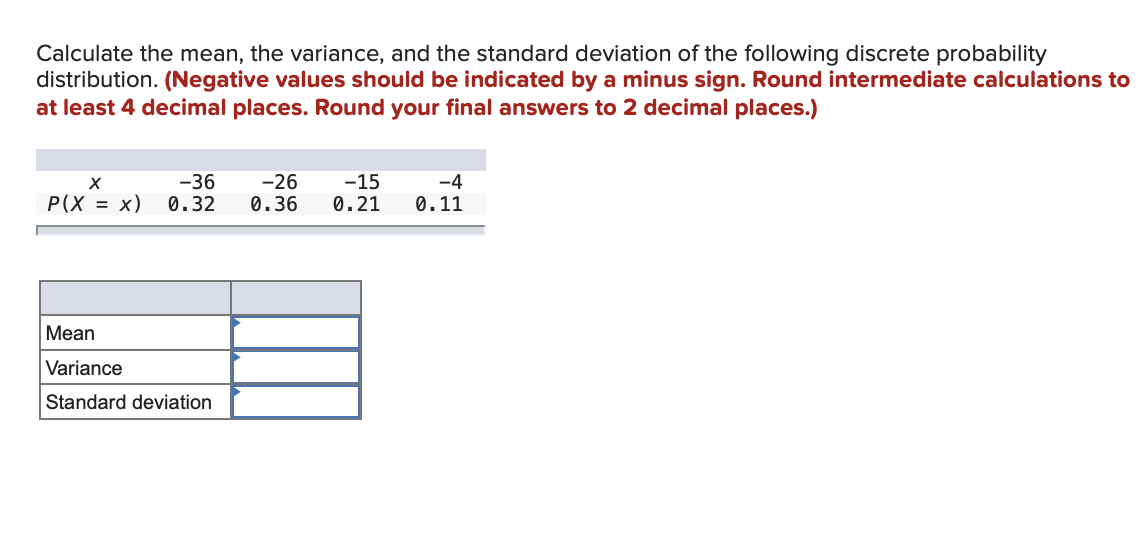 Calculate The Mean The Variance And The Standard Deviation Of The Following Discrete Probability Distribution Negati 1