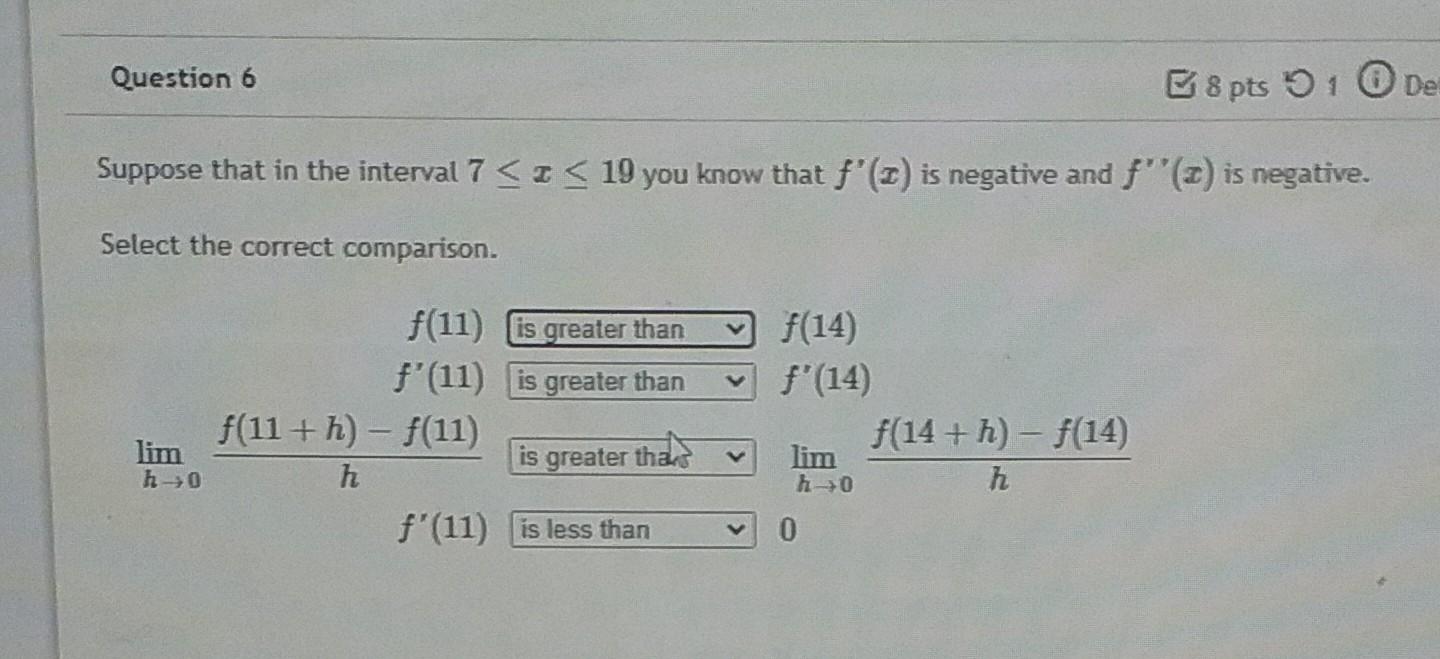 Question 6 B8 Pts 1 De Suppose That In The Interval 7 19 You Know That F 2 Is Negative And F 2 Is Negative 1