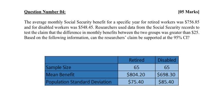 Question Number 04 05 Marks The Average Monthly Social Security Benefit For A Specific Year For Retired Workers Was 7 1