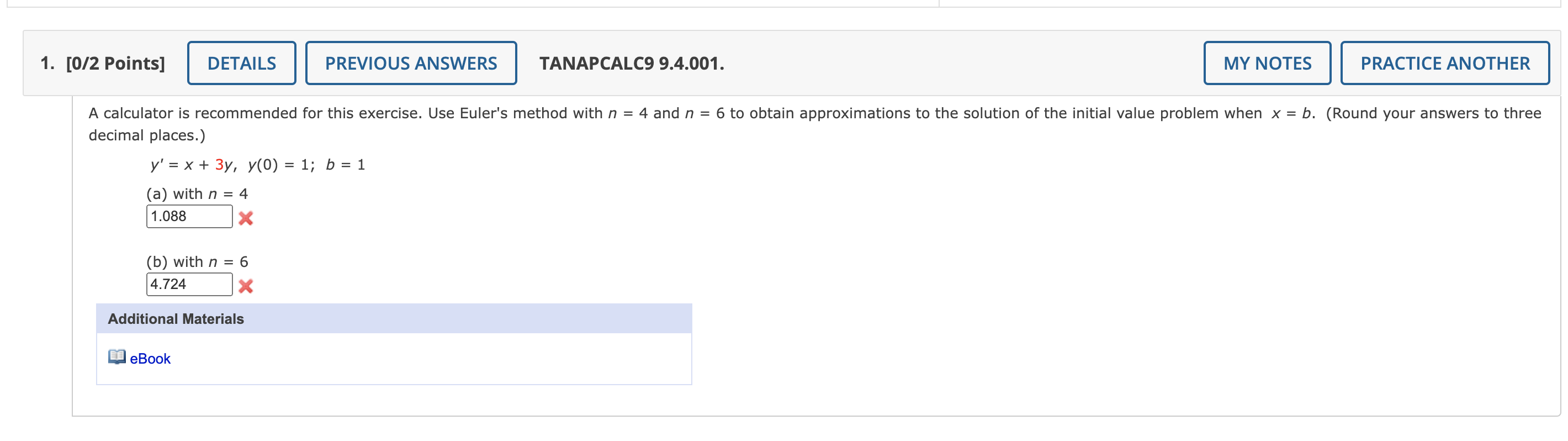 1 0 2 Points Details Previous Answers Tanapcalc9 9 4 001 My Notes Practice Another A Calculator Is Recommended For 1