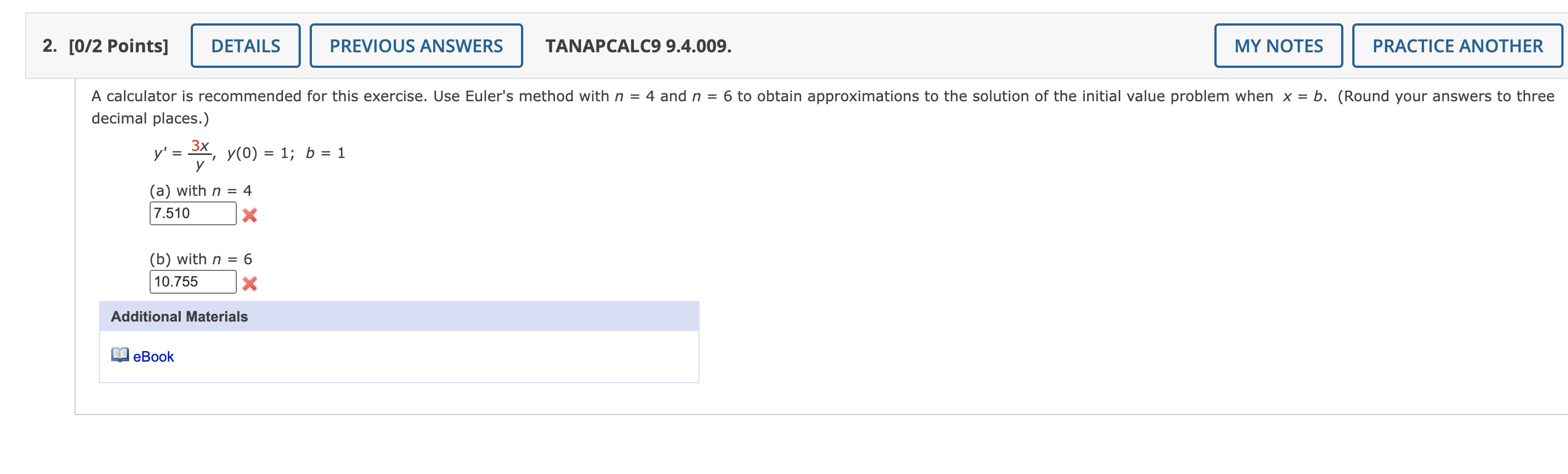 2 0 2 Points Details Previous Answers Tanapcalc9 9 4 009 My Notes Practice Another A Calculator Is Recommended For T 1