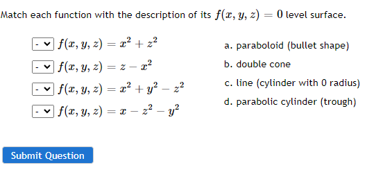Match Each Function With The Description Of Its F X Y Z 0 Level Surface 1