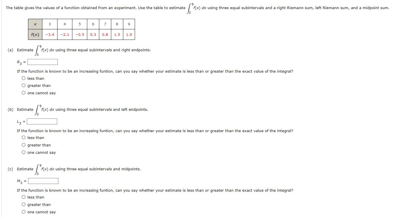 The Table Gives The Values Of A Function Obtained From An Experiment Use The Table To Estimate Fax F X Dx Using Three 1