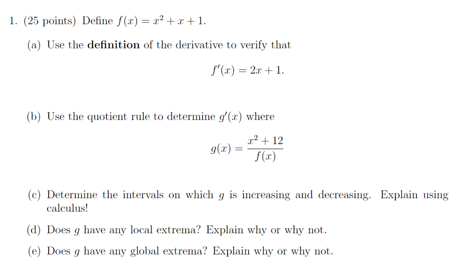 1 25 Points Define F X X2 X 1 A Use The Definition Of The Derivative To Verify That F 1 2 6 1 B 1
