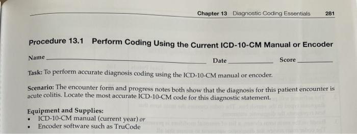 Chapter 13 Diagnostic Coding Essentials 281 Procedure 13 1 Perform Coding Using The Current Icd 10 Cm Manual Or Encoder 1