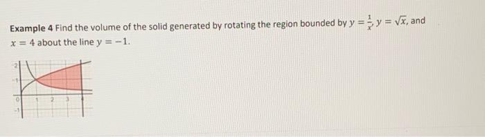 Example 4 Find The Volume Of The Solid Generated By Rotating The Region Bounded By Y Y Vx And X 4 About The Line 1