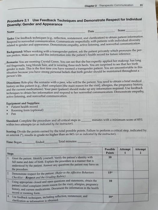 Chapter 2 Therapeutic Communication 31 Procedure 2 1 Use Feedback Techniques And Demonstrate Respect For Individual Dive 3