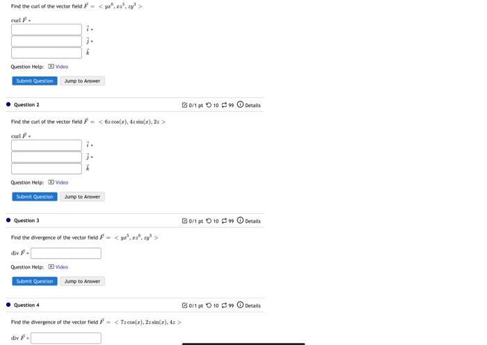 Find The Curt Of The Vector Field F Curl F 7 Question Help Video Submit Question Jump To Answer Question 2 B0 1 Pto 10 1