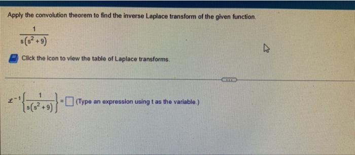 Apply The Convolution Theorem To Find The Inverse Laplace Transform Of The Given Function 1 9 S S2 9 Click The Icon T 1