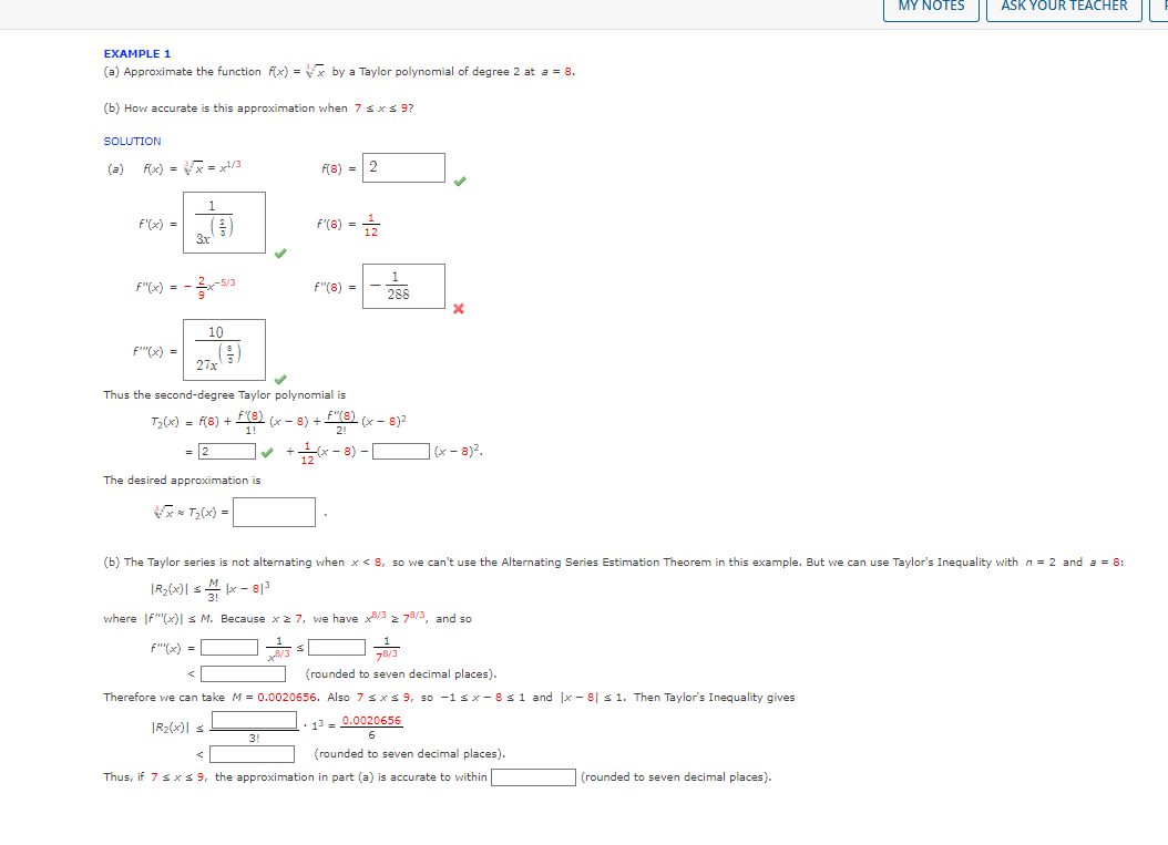 My Notes Ask Your Teacher Example 1 A Approximate The Function F X V By A Taylor Polynomial Of Degree 2 At A 3 1