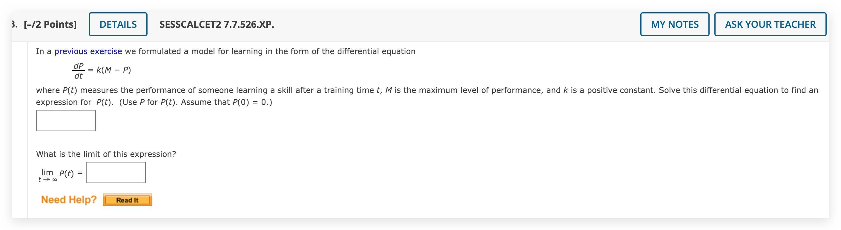 3 12 Points Details Sesscalcet2 7 7 526 Xp My Notes Ask Your Teacher In A Previous Exercise We Formulated A Model F 1