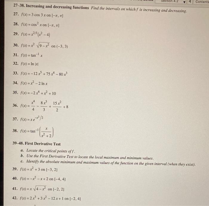 Section 4 2 Contents 27 38 Increasing And Decreasing Functions Find The Intervals On Which F Is Increasing And Decreasi 1