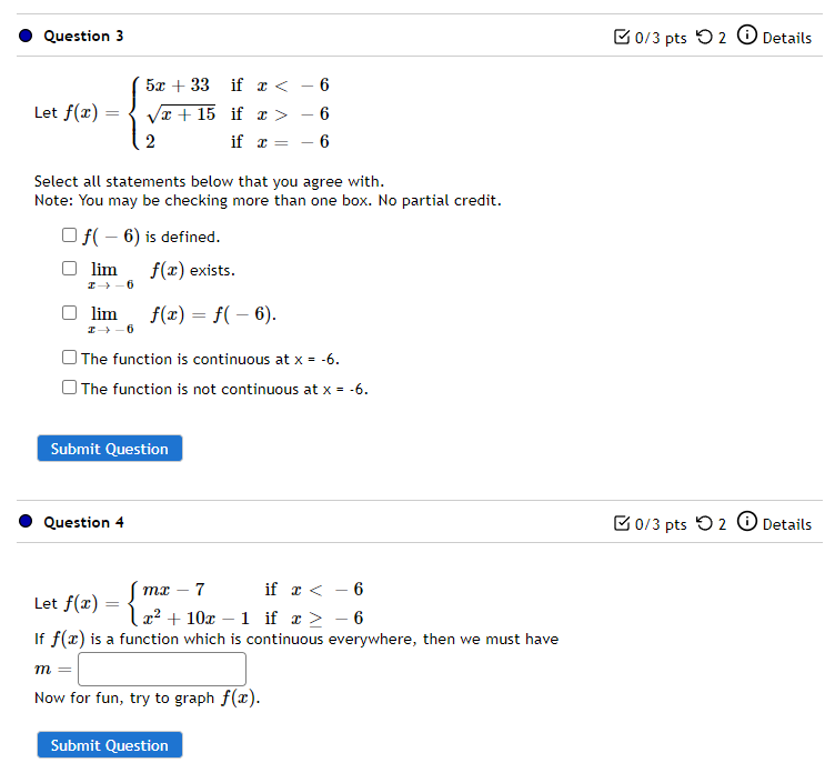 Question 3 0 3 Pts 52 Details 6 Let F 2 5x 33 If X 15 If 2 If X 6 6 Select All Statements Below That You Agr 1