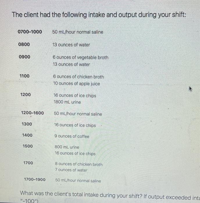 The Client Had The Following Intake And Output During Your Shift 0700 1000 50 Ml Hour Normal Saline 0800 13 Ounces Of W 1