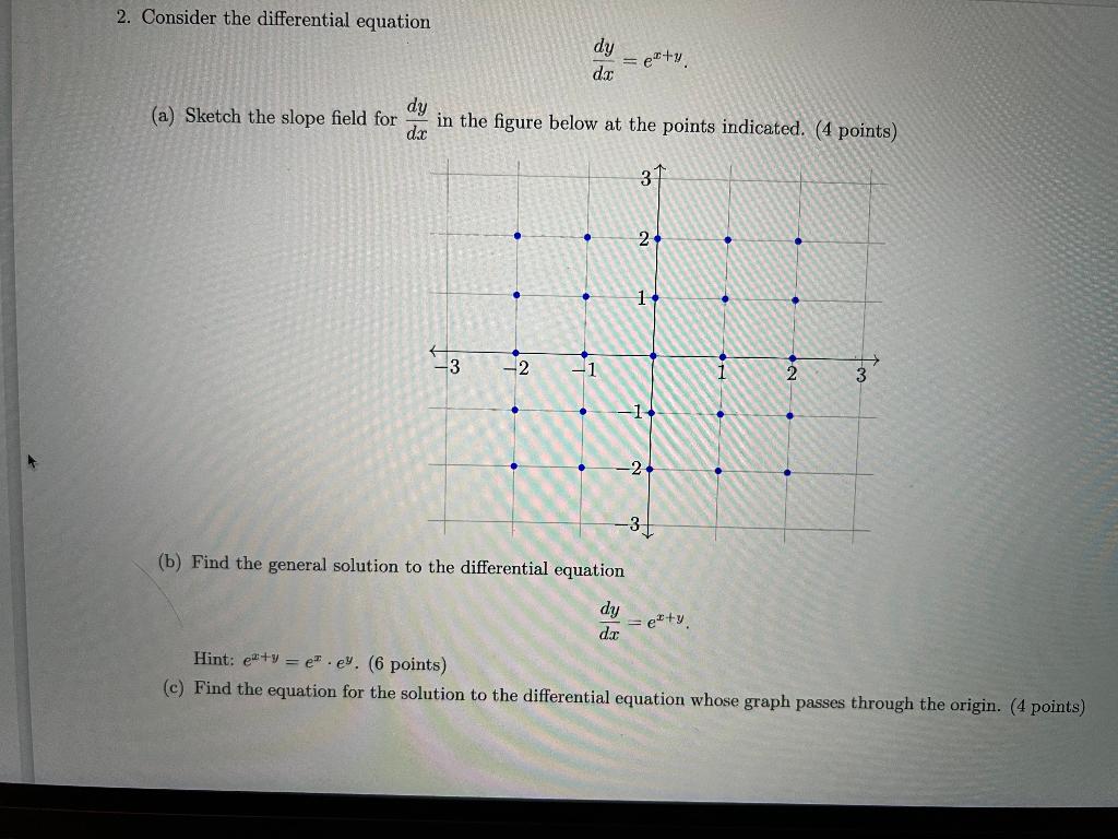 2 Consider The Differential Equation Dy Dc Exty A Sketch The Slope Field For Dy Dc In The Figure Below At The Points 1