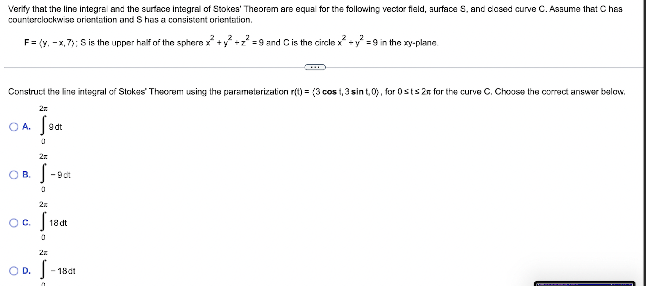 Verify That The Line Integral And The Surface Integral Of Stokes Theorem Are Equal For The Following Vector Field Surf 1
