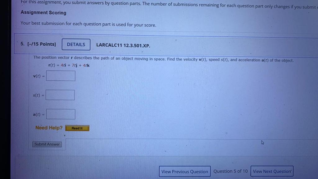 For This Assignment You Submit Answers By Question Parts The Number Of Submissions Remaining For Each Question Part On 1