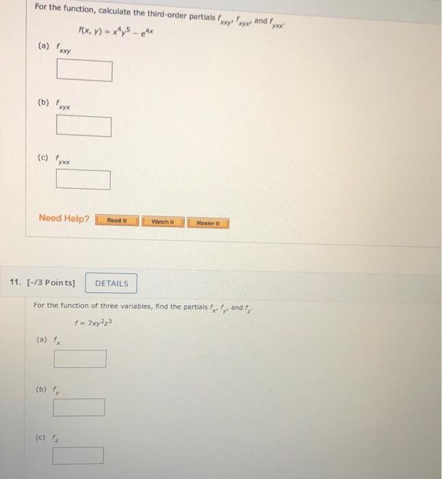 For The Function Calculate The Third Order Partials Foxyxyx And I F X Y X 5 4x A Xxy B Xx C Pyxx Need Help 1