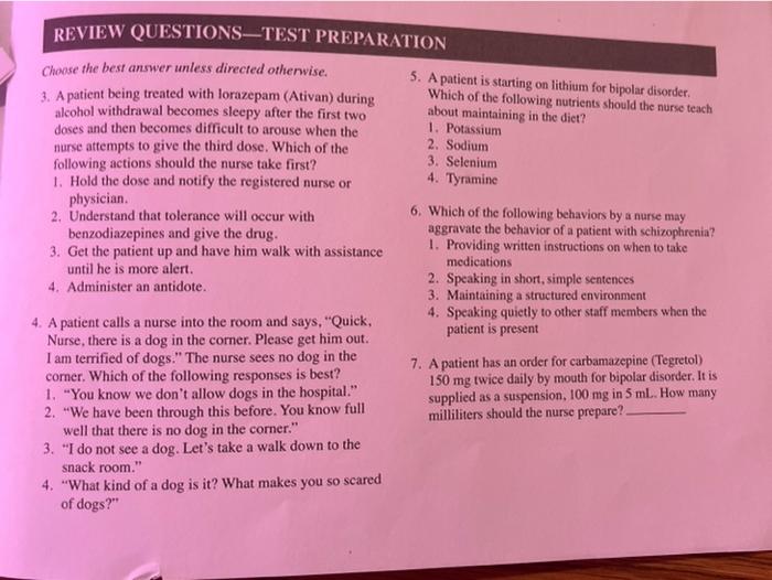Review Questions Test Preparation Choose The Best Answer Unless Directed Otherwise 5 A Patient Is Starting On Lithium 1