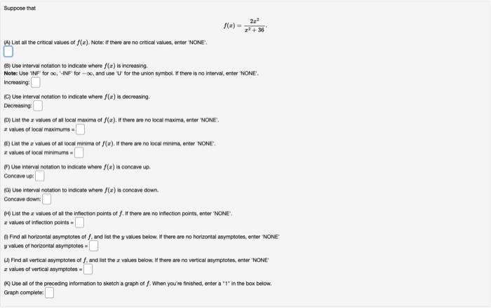 Suppose That F 3 2r 36 A List All The Critical Values Of F X Note If There Are No Critical Values Enter None S 1