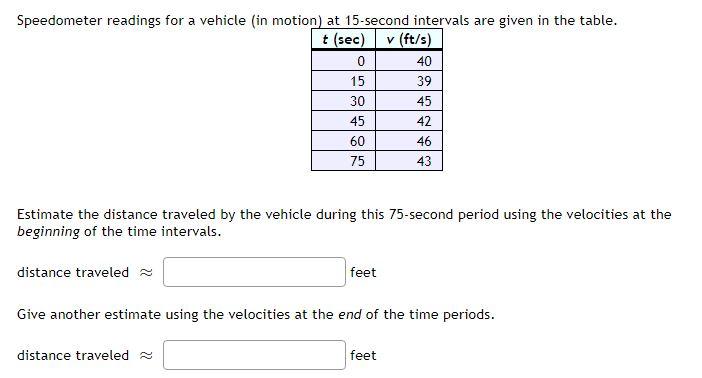 0 Speedometer Readings For A Vehicle In Motion At 15 Second Intervals Are Given In The Table T Sec V Ft S 40 15 3 1