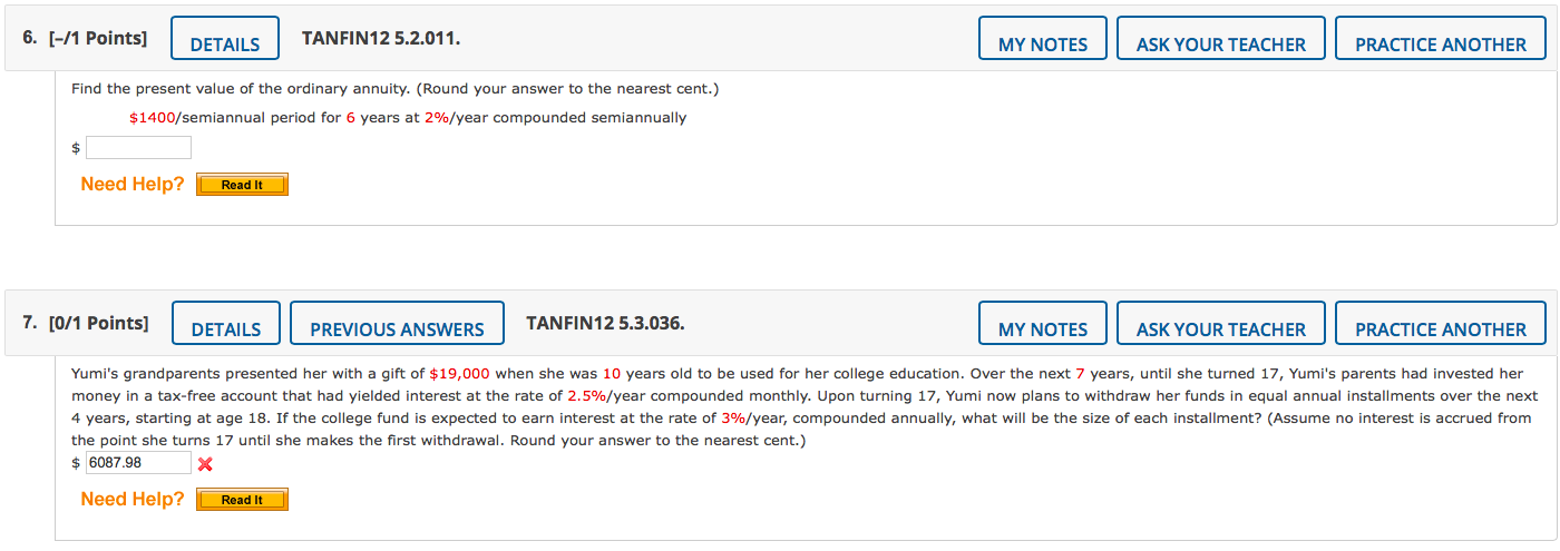 6 1 Points Details Tanfin12 5 2 011 My Notes Ask Your Teacher Practice Another Find The Present Value Of The Ordin 1