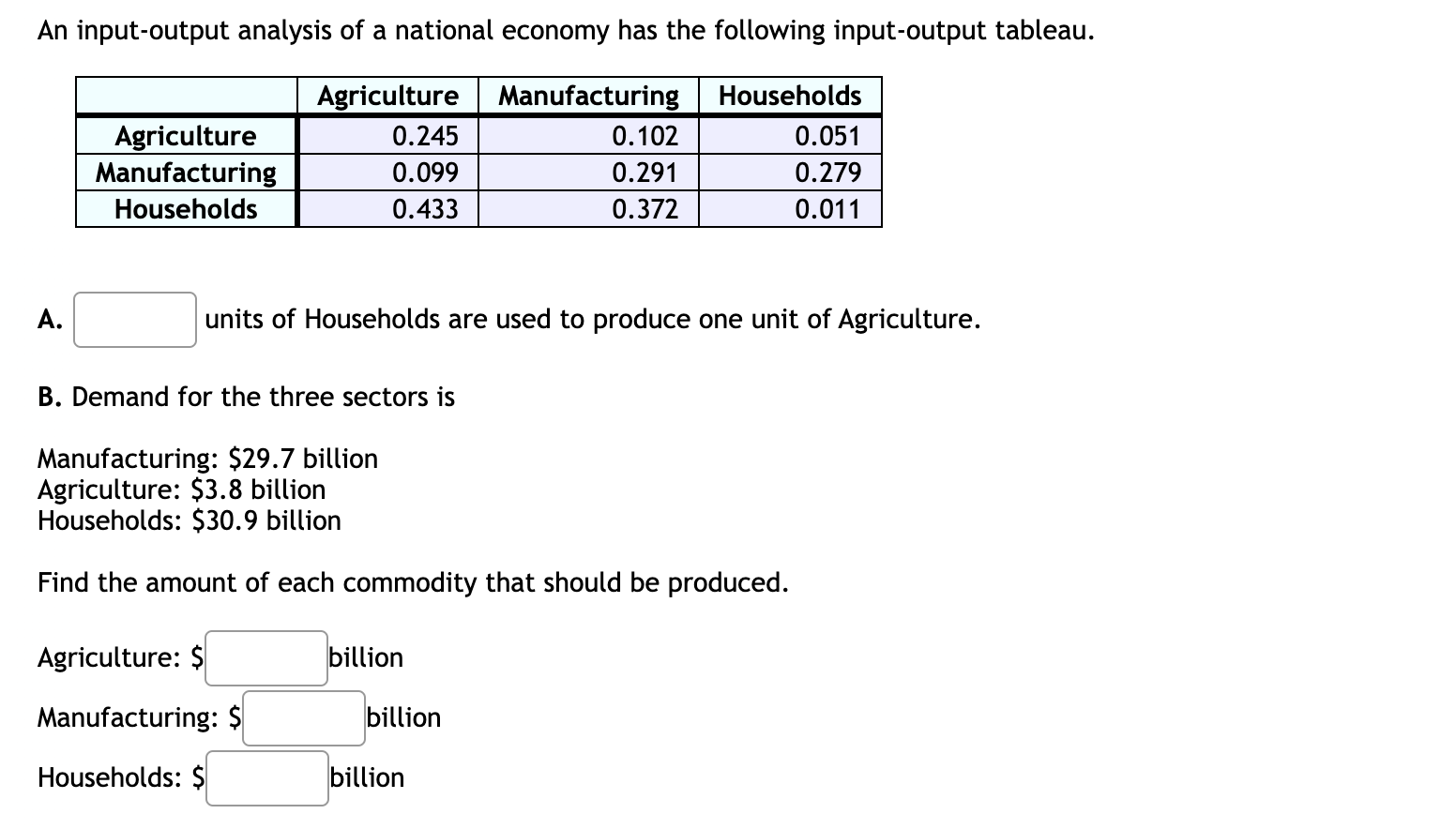 An Input Output Analysis Of A National Economy Has The Following Input Output Tableau Agriculture Manufacturing Househo 1