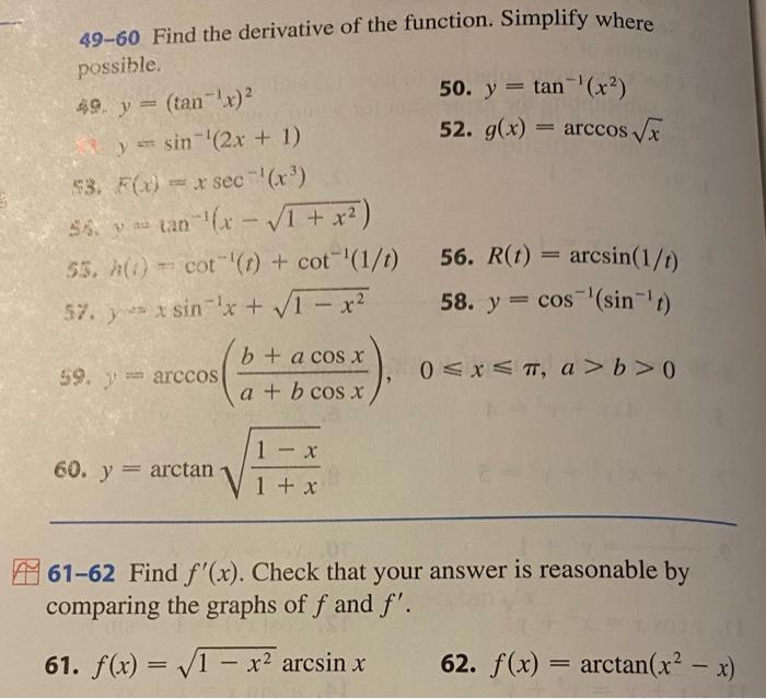 49 60 Find The Derivative Of The Function Simplify Where Possible 49 Y Tan X 50 Y Tan X2 Y Sin 2x 1 1