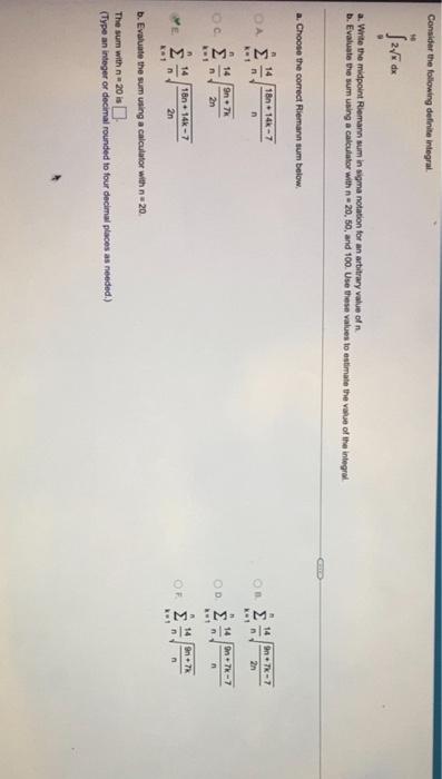Consider The Following Definite Integral 5 276 De A Write The Midpoint Riemann Sum In Sigma Notation For An Arbitrary V 1