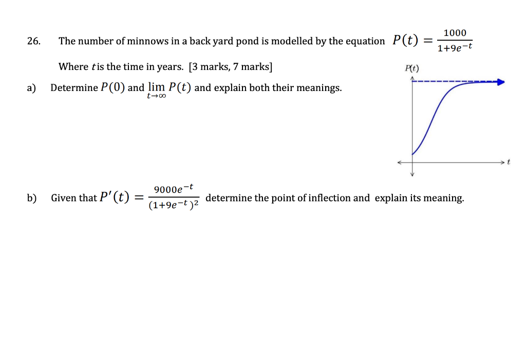 26 The Number Of Minnows In A Back Yard Pond Is Modelled By The Equation P T 1000 1 9e T Pt Where Tis The Time In Yea 1