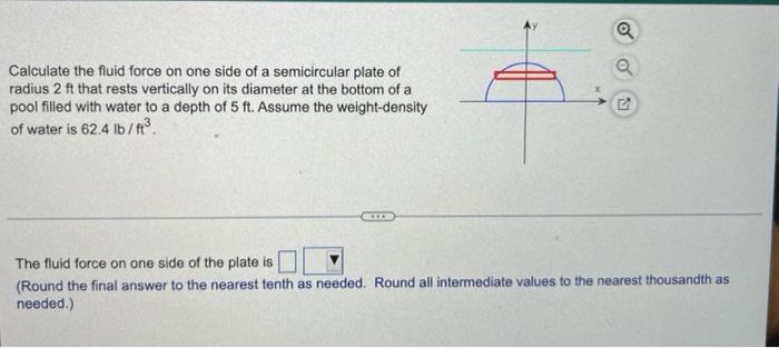 Calculate The Fluid Force On One Side Of A Semicircular Plate Of Radius 2 Ft That Rests Vertically On Its Diameter At Th 1