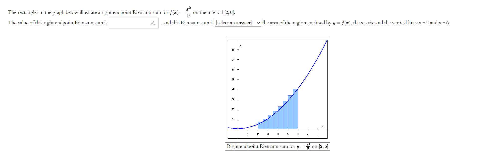 9 The Rectangles In The Graph Below Illustrate A Right Endpoint Riemann Sum For F X On The Interval 2 6 The Value 1