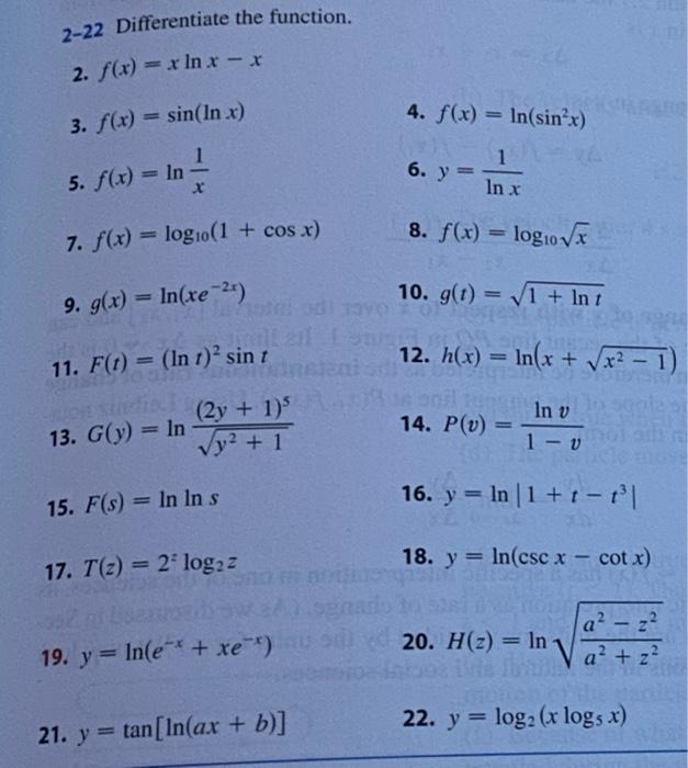 2 22 Differentiate The Function 2 F X X In X X 4 F X In Sinox 3 F X Sin In X 1 1 6 Y 5 F X In In 1