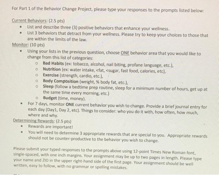 For Part 1 Of The Behavior Change Project Please Type Your Responses To The Prompts Listed Below O O Current Behaviors 1