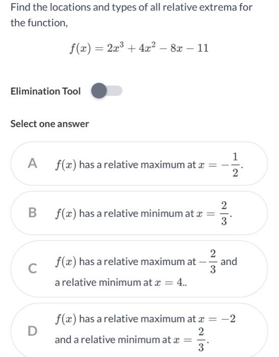 Find The Locations And Types Of All Relative Extrema For The Function F X 2x3 4 X2 80 11 Elimination Too 1