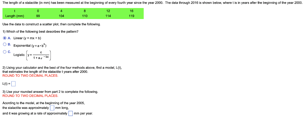 The Length Of A Stalactite In Mm Has Been Measured At The Beginning Of Every Fourth Year Since The Year 2000 The Data 1