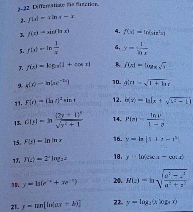 2 22 Differentiate The Function 2 F X X In X X 4 F X Ln Sinox F In 3 F X Sin In X 1 1 6 Y 5 F X 1