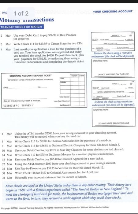 Your Checking Account Pag 1 Of 2 Monumy Uansactions Transactions For March 2 Mar Use Your Debit Card To Pay 56 98 To Be 1