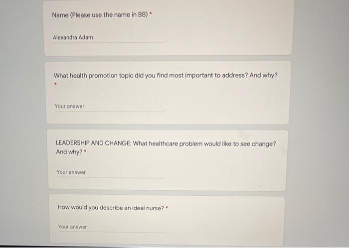 Name Please Use The Name In Bb Alexandra Adam What Health Promotion Topic Did You Find Most Important To Address And 1