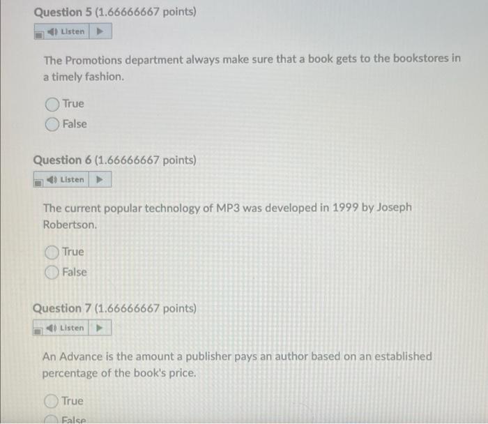 Question 5 1 66666667 Points 4 Listen The Promotions Department Always Make Sure That A Book Gets To The Bookstores I 1