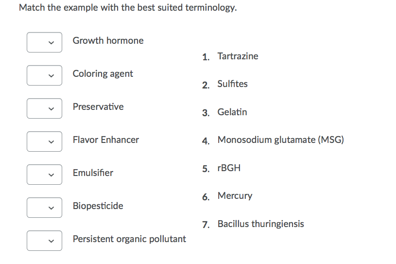 Match The Example With The Best Suited Terminology Growth Hormone 1 Tartrazine Coloring Agent 2 Sulfites Preservati 1