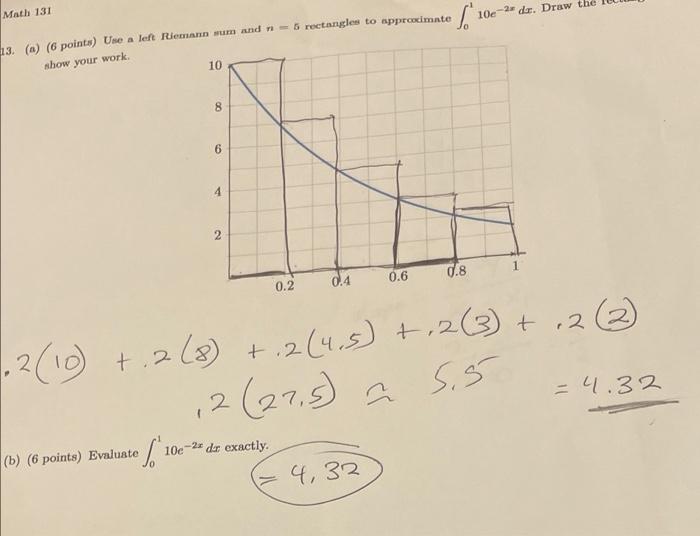 Math 131 So 10c 2x Dr Draw 13 A 6 Points Uno A Left Riemann Um And N 5 Rectangles To Approacimate Show Your Work 1