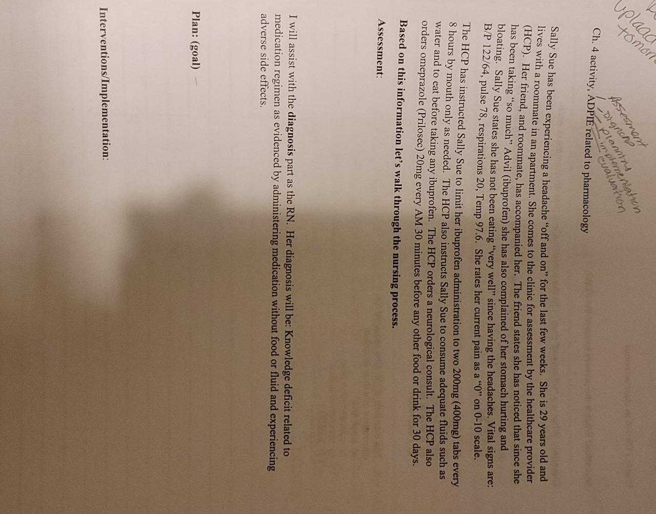Uplaad Tomore Assesment Ch 4 Activity Adpie Related To Pharmacology Dignche Planning Implemenlatren Evaluation Sally 1