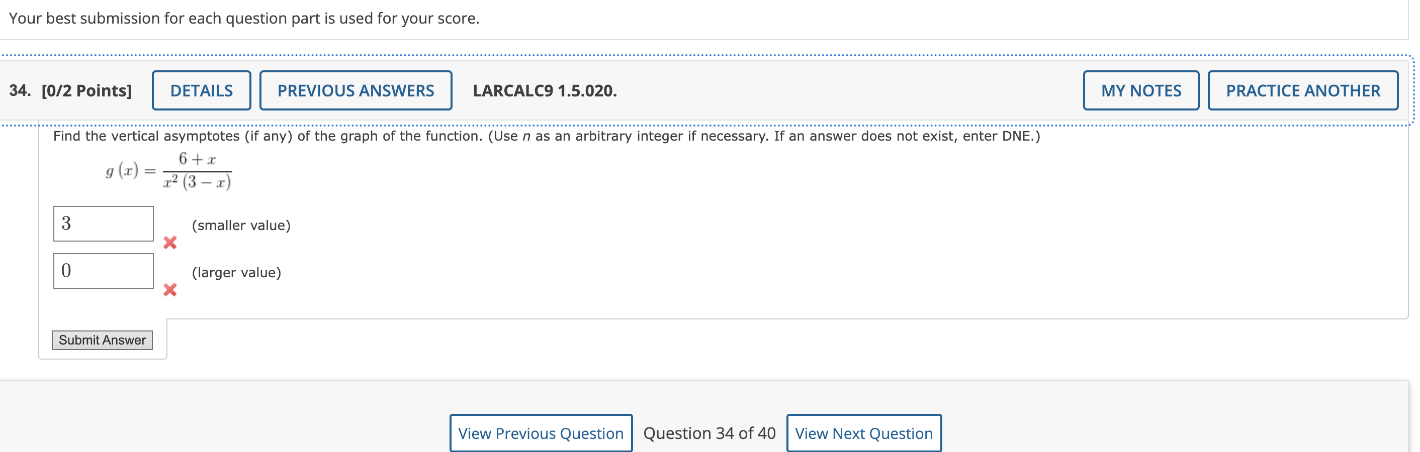 Your Best Submission For Each Question Part Is Used For Your Score 34 0 2 Points Details Previous Answers Larcalc9 1 1