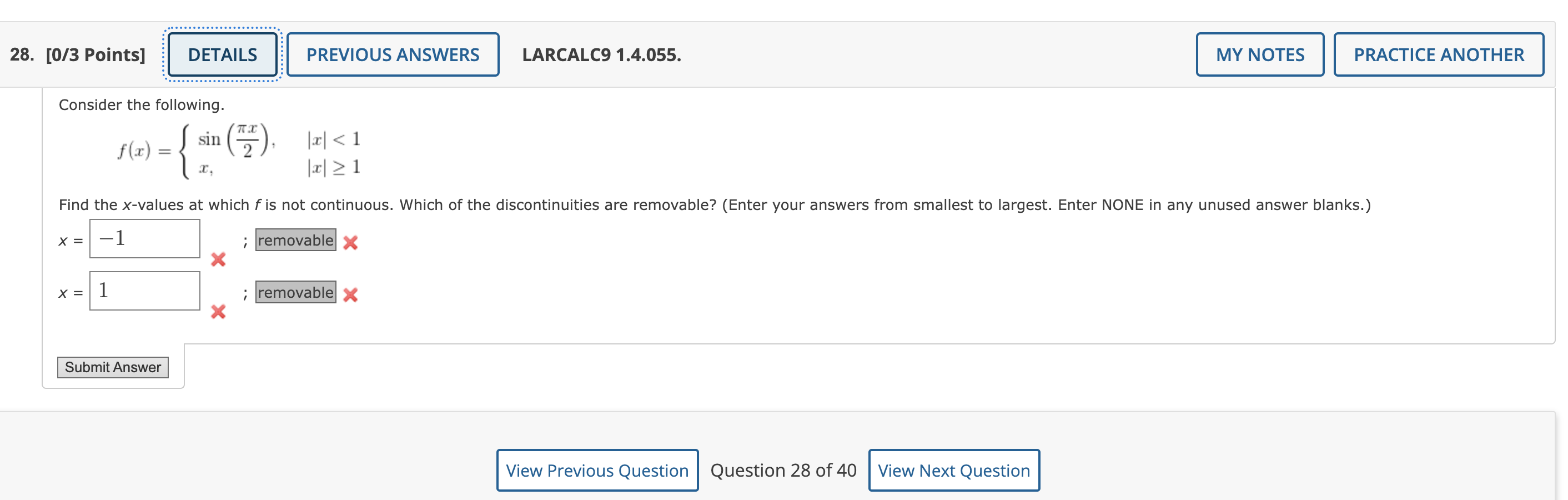 28 0 3 Points Details Previous Answers Larcalc9 1 4 055 My Notes Practice Another Consider The Following Sin F X 6 1