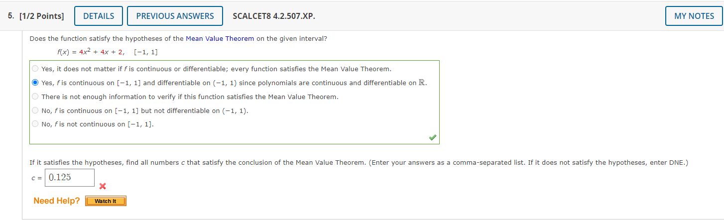 5 1 2 Points Details Previous Answers Scalcet8 4 2 507 Xp My Notes Does The Function Satisfy The Hypotheses Of The M 1
