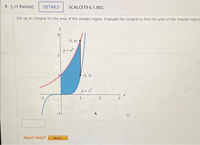 8 1 Points Details Scalcet9 6 1 002 Set Up An Integral For The Area Of The Shaded Region Evaluate The Integral To 1