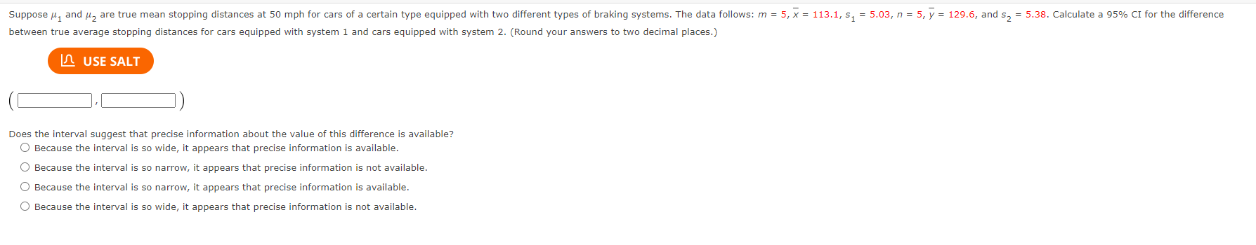 Suppose M And My Are True Mean Stopping Distances At 50 Mph For Cars Of A Certain Type Equipped With Two Different Type 1